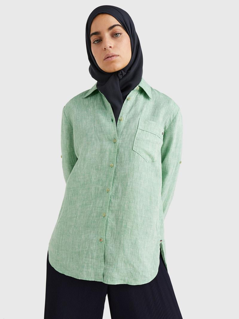 Camisas Tommy Hilfiger Linen Long-Sleeve Verdes | MX_W21285