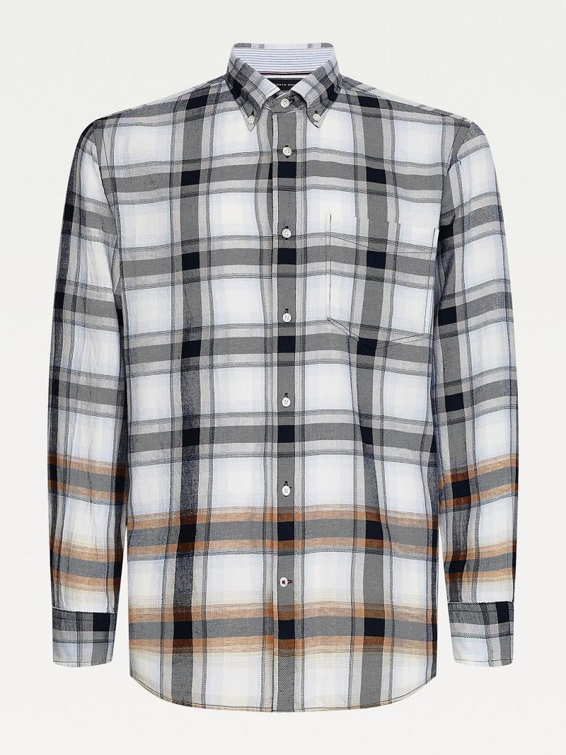 Camisas Tommy Hilfiger Oversized cotton and linen check Grises Blancos | MX_M31263