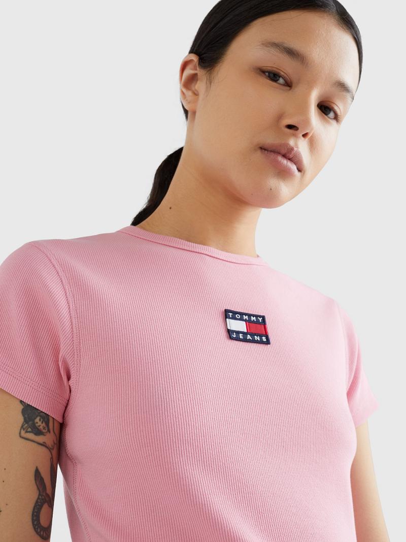 Camiseta Tommy Hilfiger Cropped Ribbed Badge Rosas | MX_W21438