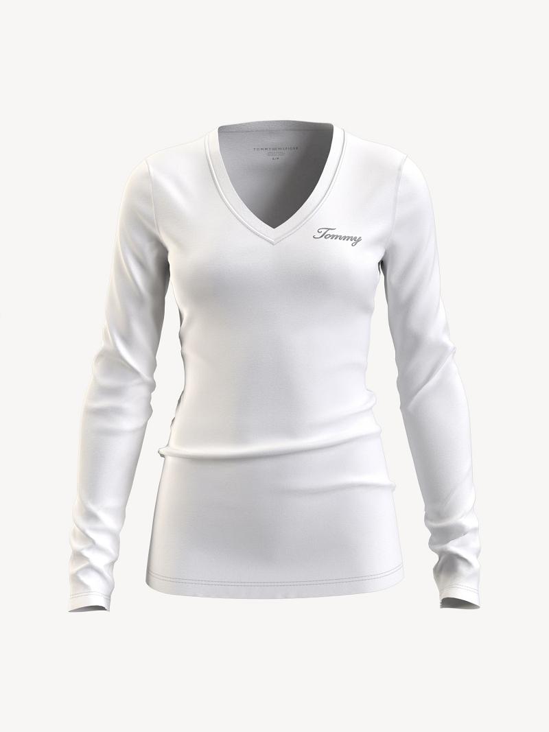 Camiseta Tommy Hilfiger Essential Favorite Long-Sleeve V-Neck Blancos | MX_W21444