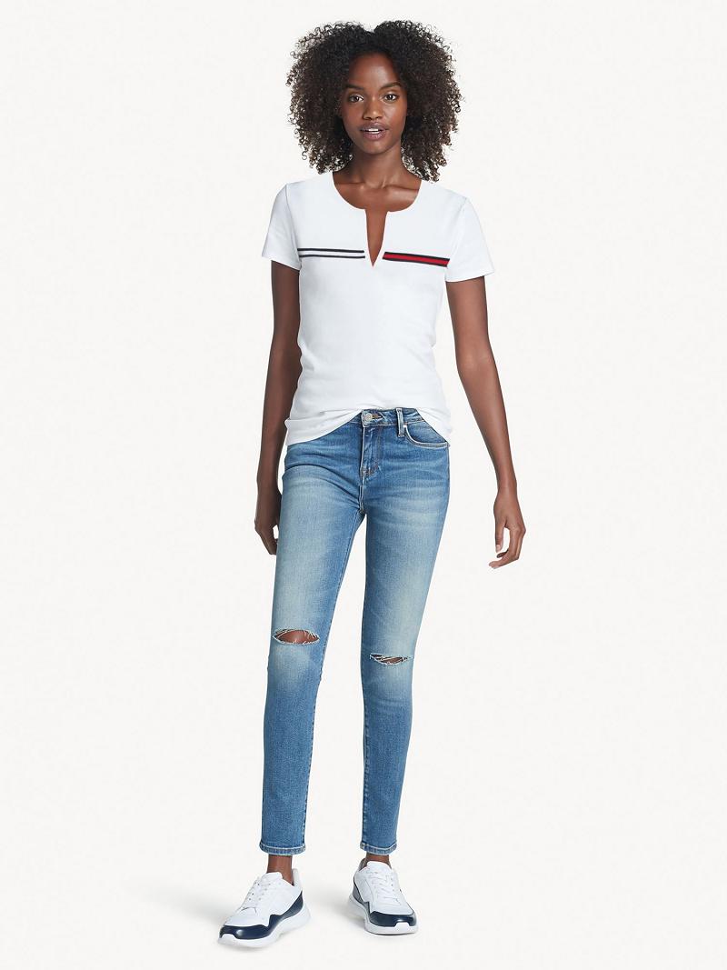 Camiseta Tommy Hilfiger Essential Split-Neck Blancos | MX_W21451