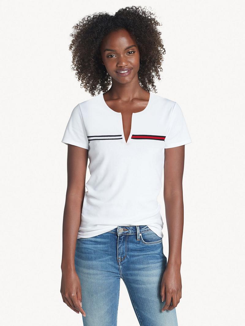 Camiseta Tommy Hilfiger Essential Split-Neck Blancos | MX_W21451