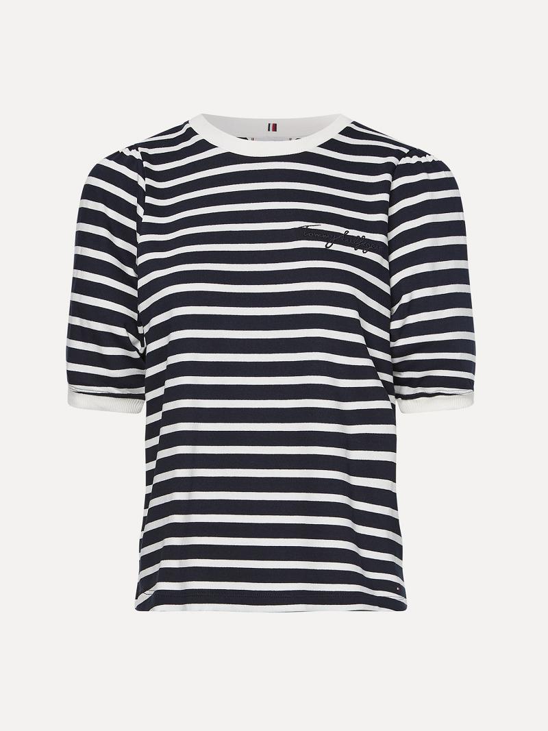 Camiseta Tommy Hilfiger Stripe Crewneck Top Negros Blancos | MX_W21476