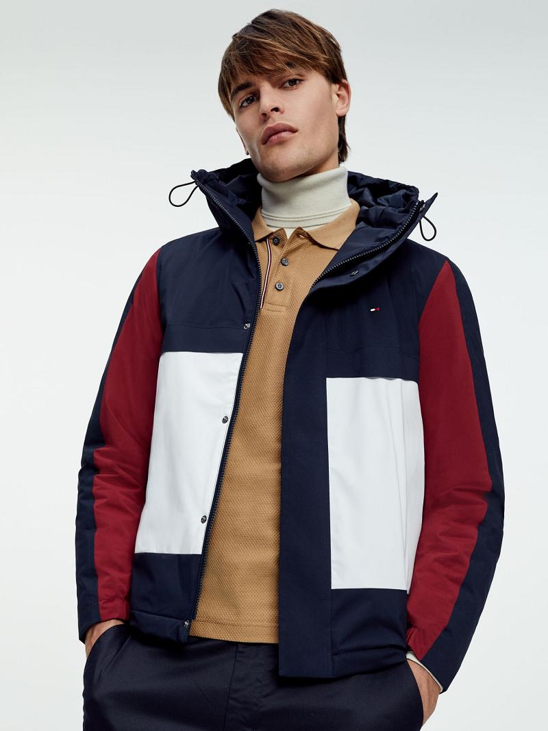 Chaquetas Tommy Hilfiger Recycled hooded colorblock Azul Marino Rojos Blancos | MX_M31415