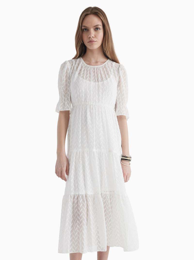 Dresses Tommy Hilfiger Chiffon Tiered Maxi Blancos | MX_W21047