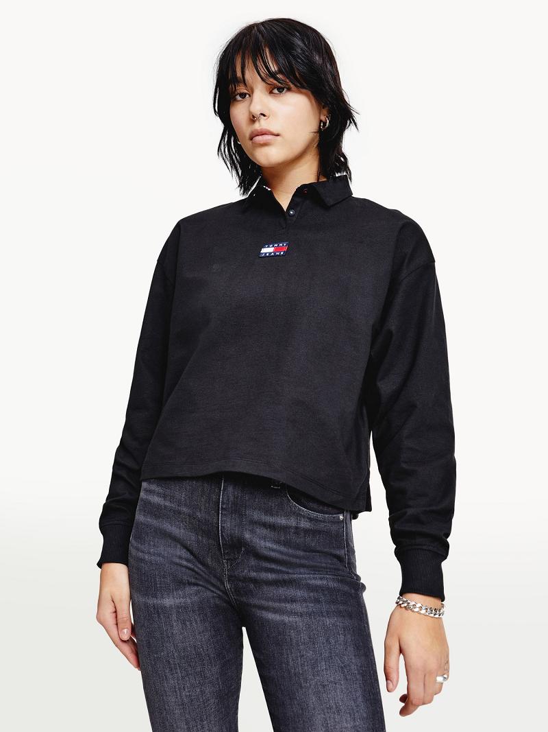 Polos Tommy Hilfiger Organic Algodon Badge Long-Sleeve Negros | MX_W21270