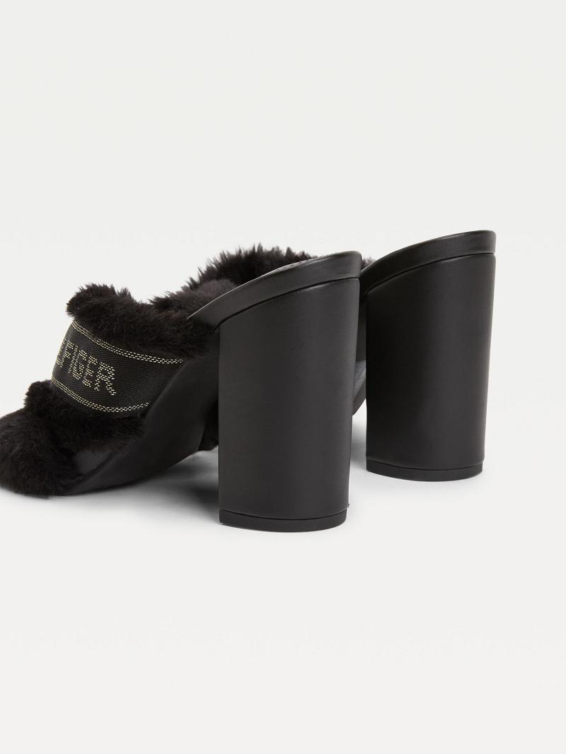 Sandalias Tommy Hilfiger Black Furry Tacón Negros | MX_W21607