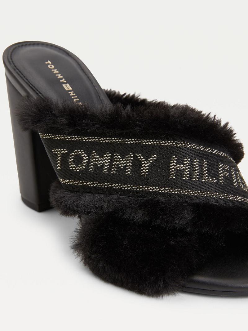 Sandalias Tommy Hilfiger Black Furry Tacón Negros | MX_W21607