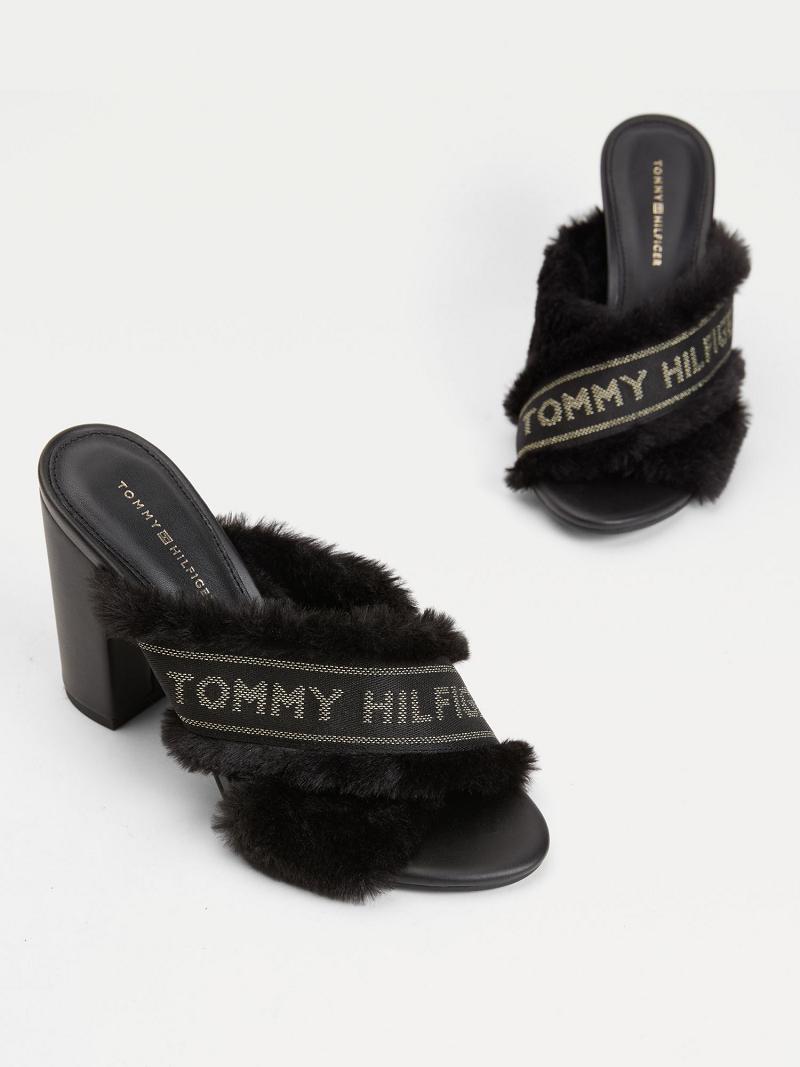 Sandalias Tommy Hilfiger Black Furry Tacón Negros | MX_W21607