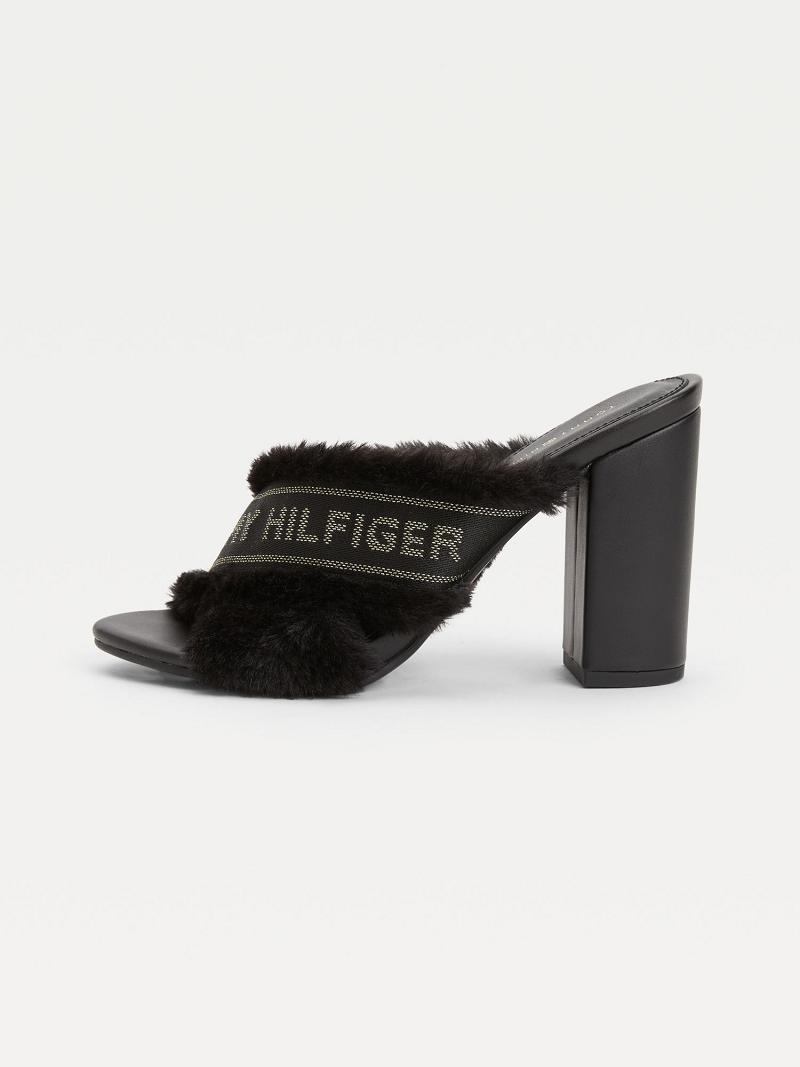 Sandalias Tommy Hilfiger Black Furry Tacón Negros | MX_W21607