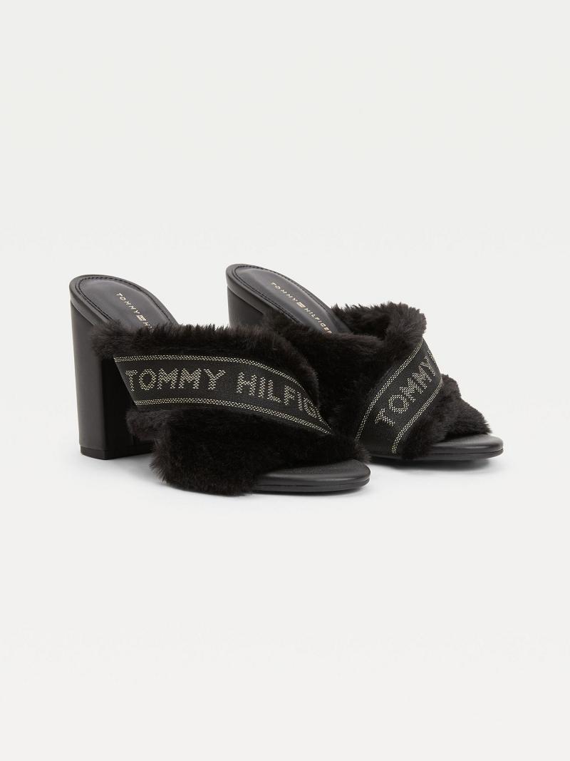 Sandalias Tommy Hilfiger Black Furry Tacón Negros | MX_W21607