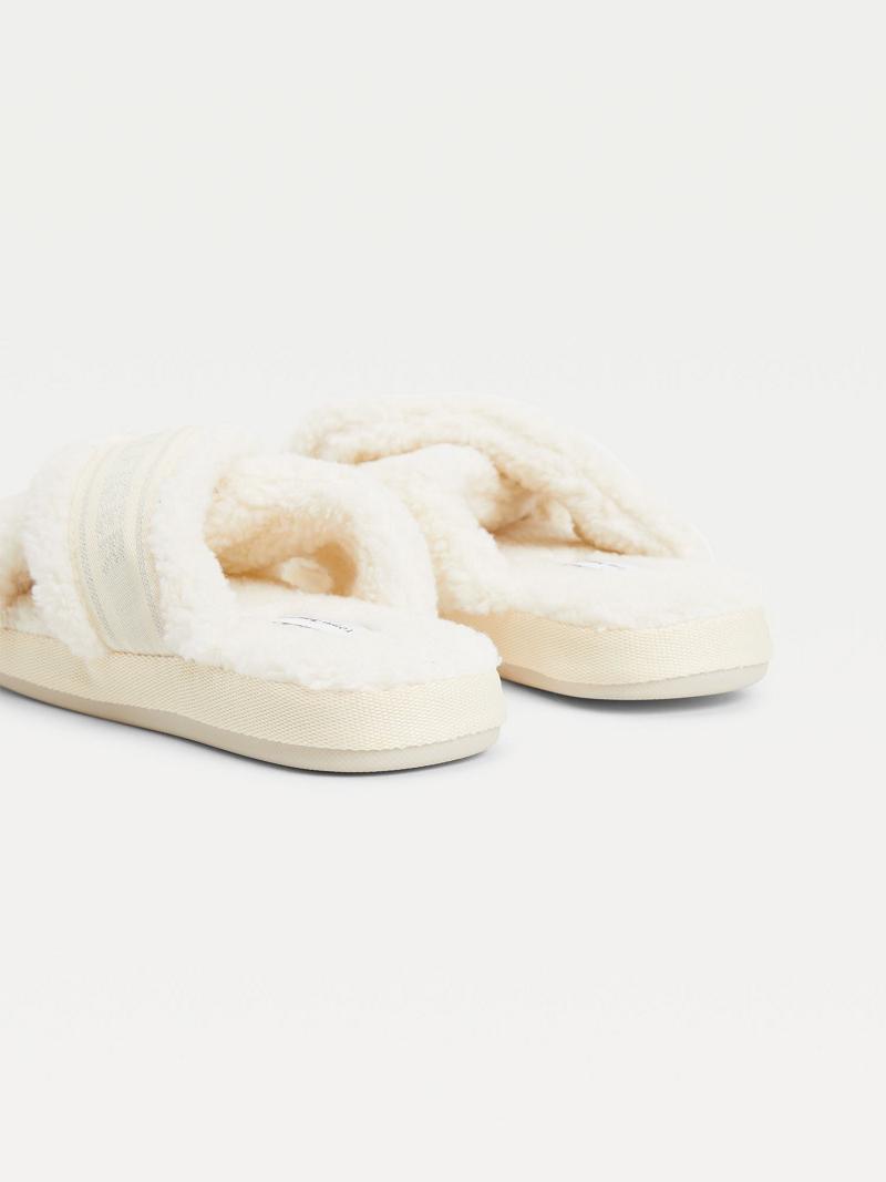 Sandalias de Diapositivas Tommy Hilfiger Crisscross Sherpa Pantuflas Blancos | MX_W21615