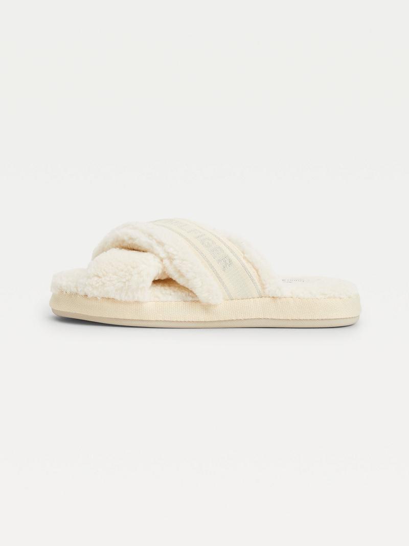 Sandalias de Diapositivas Tommy Hilfiger Crisscross Sherpa Pantuflas Blancos | MX_W21615