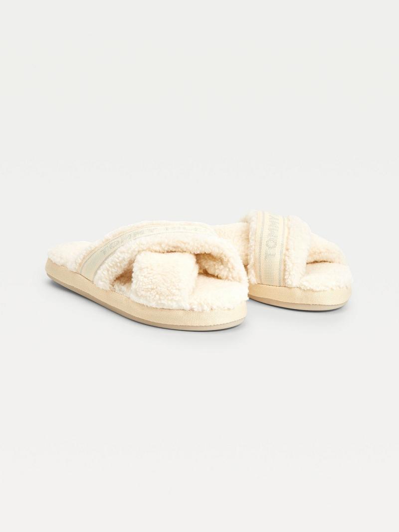 Sandalias de Diapositivas Tommy Hilfiger Crisscross Sherpa Pantuflas Blancos | MX_W21615