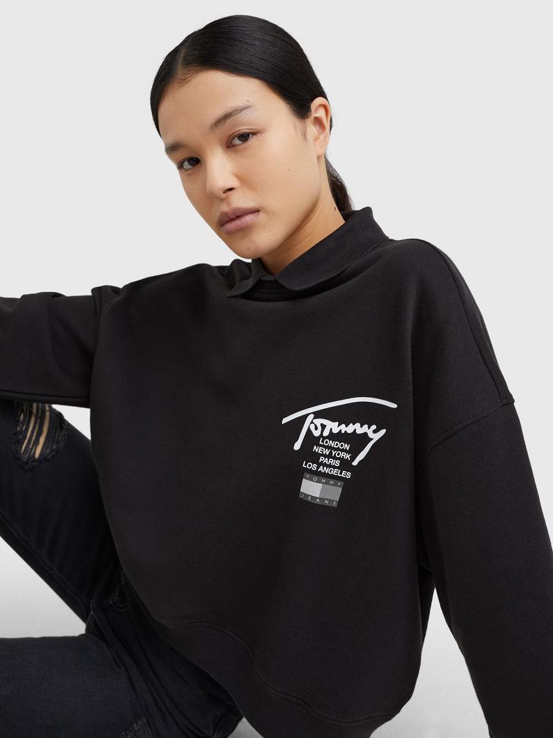 Sudaderas Tommy Hilfiger Cropped Signature Negros | MX_W21379