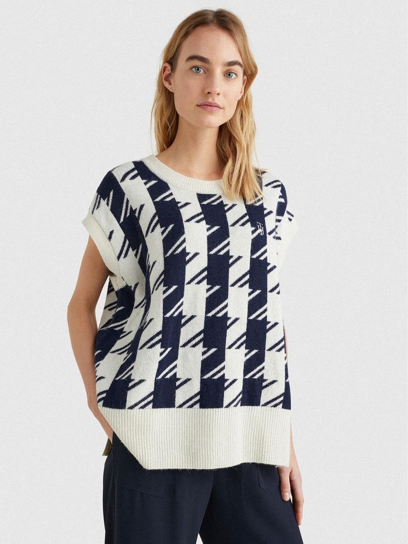 Suéteres Tommy Hilfiger Relaxed Fit Houndstooth Vest Blancos Azules | MX_W21363