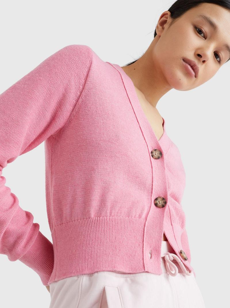 Suéteres Tommy Hilfiger Solid Cropped Cardigan Rosas | MX_W21367