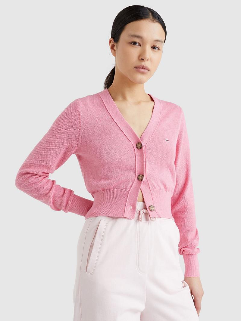 Suéteres Tommy Hilfiger Solid Cropped Cardigan Rosas | MX_W21367