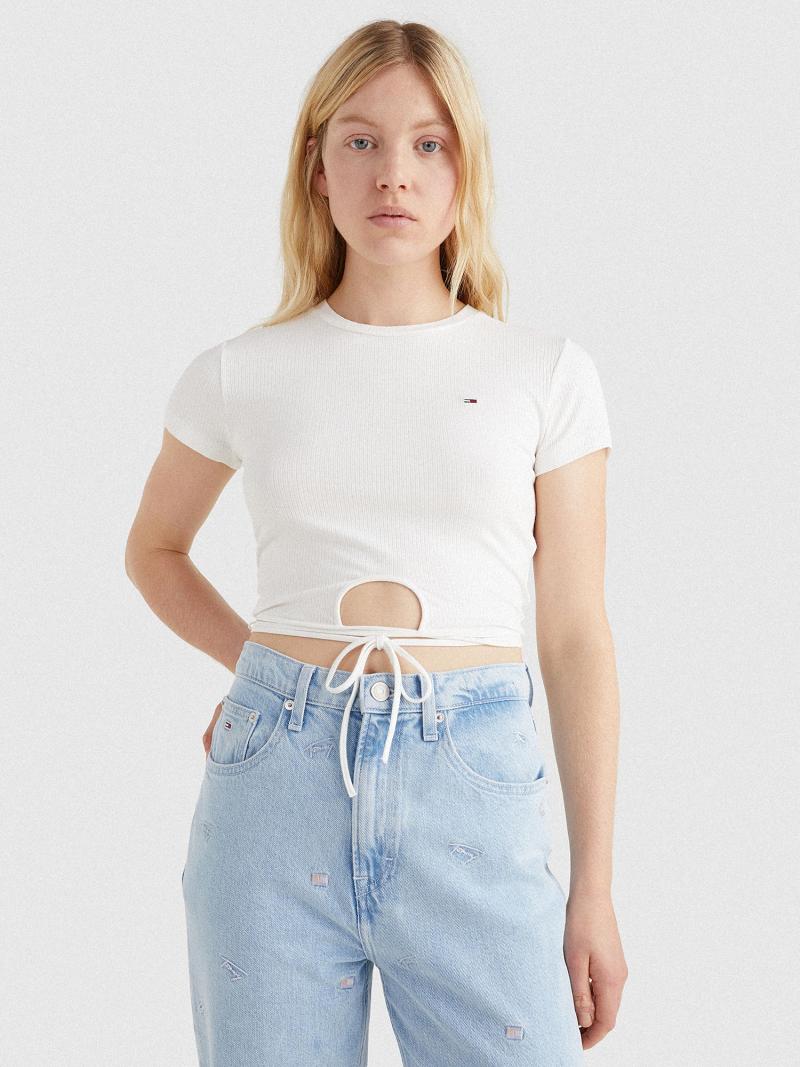 Tops Tommy Hilfiger Ribbed Tie-Hem Crop Blancos | MX_W21505