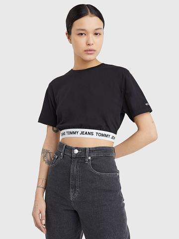 Camiseta Tommy Hilfiger Cropped Logo Tape Negros | MX_W21437