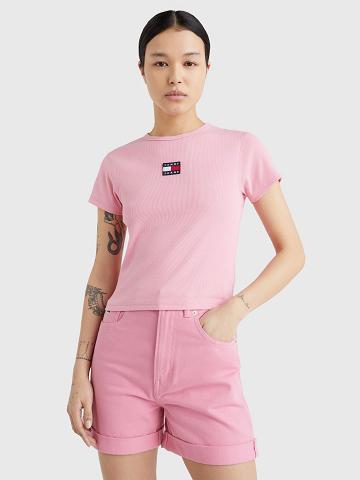 Camiseta Tommy Hilfiger Cropped Ribbed Badge Rosas | MX_W21438