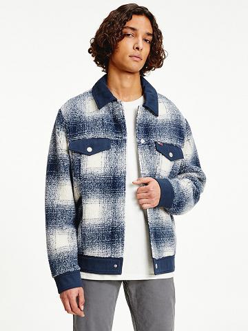 Chaquetas Tommy Hilfiger Recycled sherpa check trucker Azules Blancos | MX_M31418